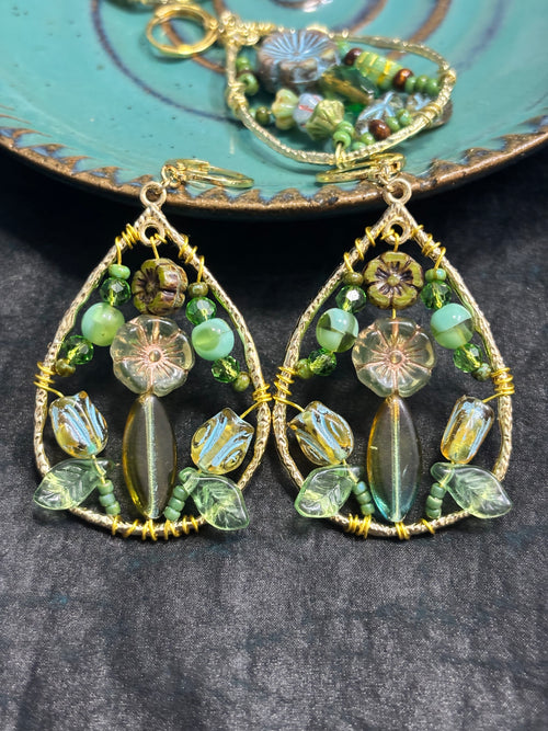 「Dreamcatcher Garden」Floral Dangle Earrings: Handmade Czech Glass Cottagecore Earrings