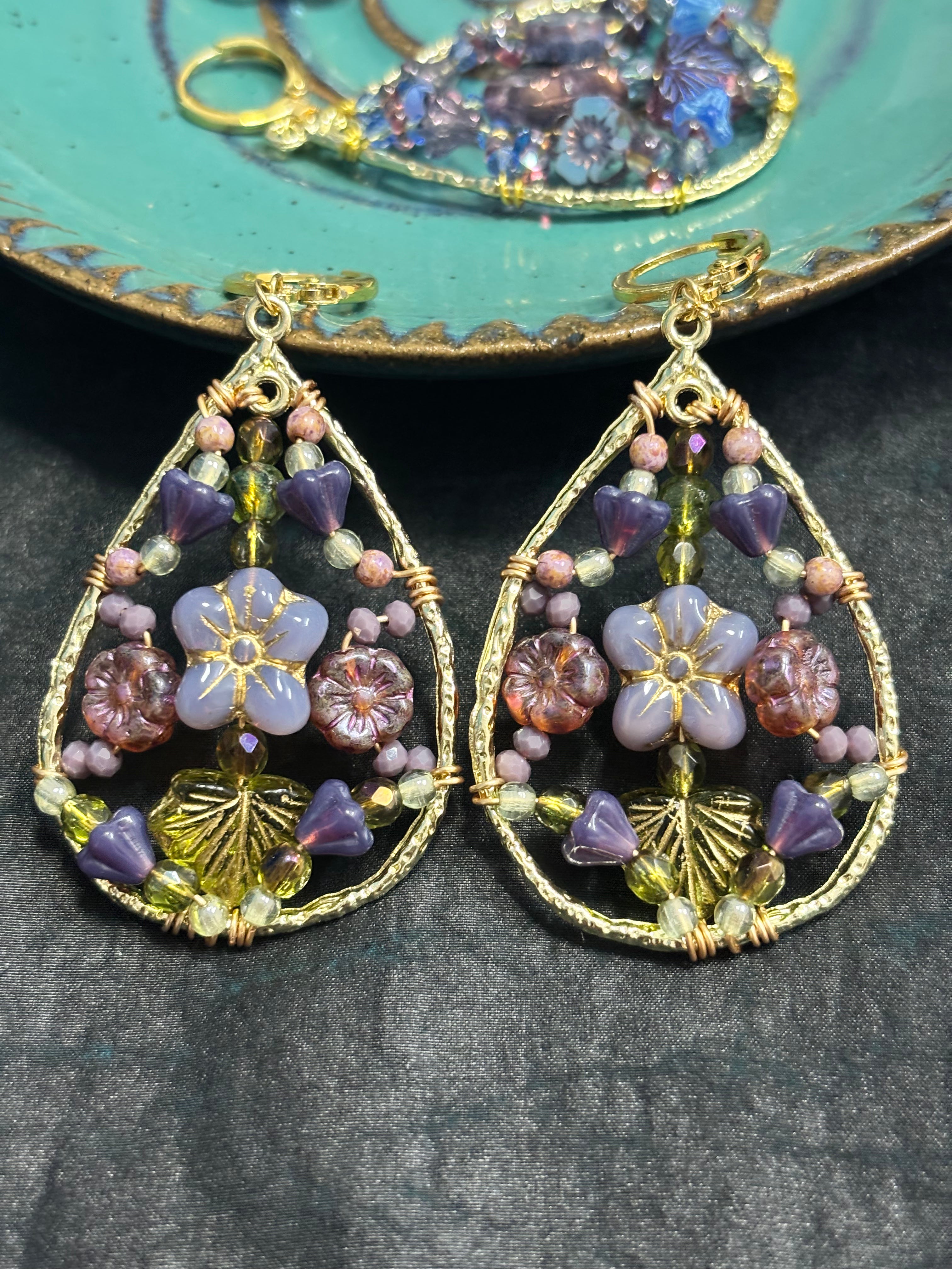 「Dreamcatcher Garden」Floral Dangle Earrings: Handmade Czech Glass Cottagecore Earrings