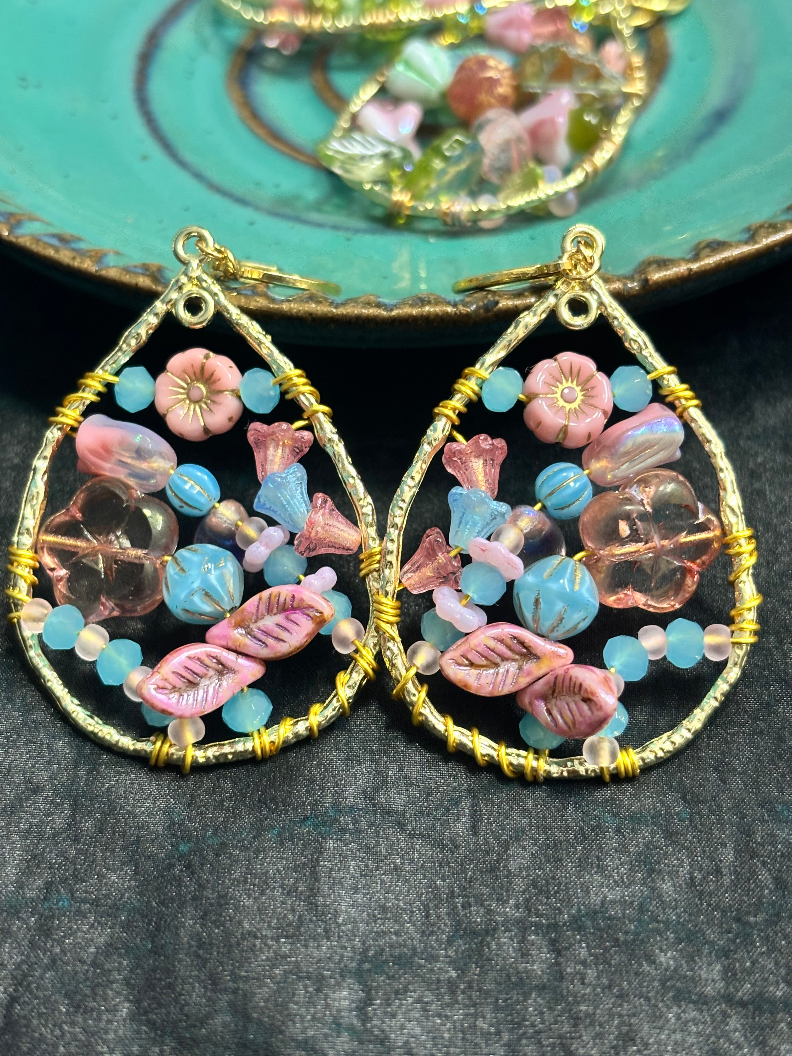 「Dreamcatcher Garden」Floral Dangle Earrings: Handmade Czech Glass Cottagecore Earrings