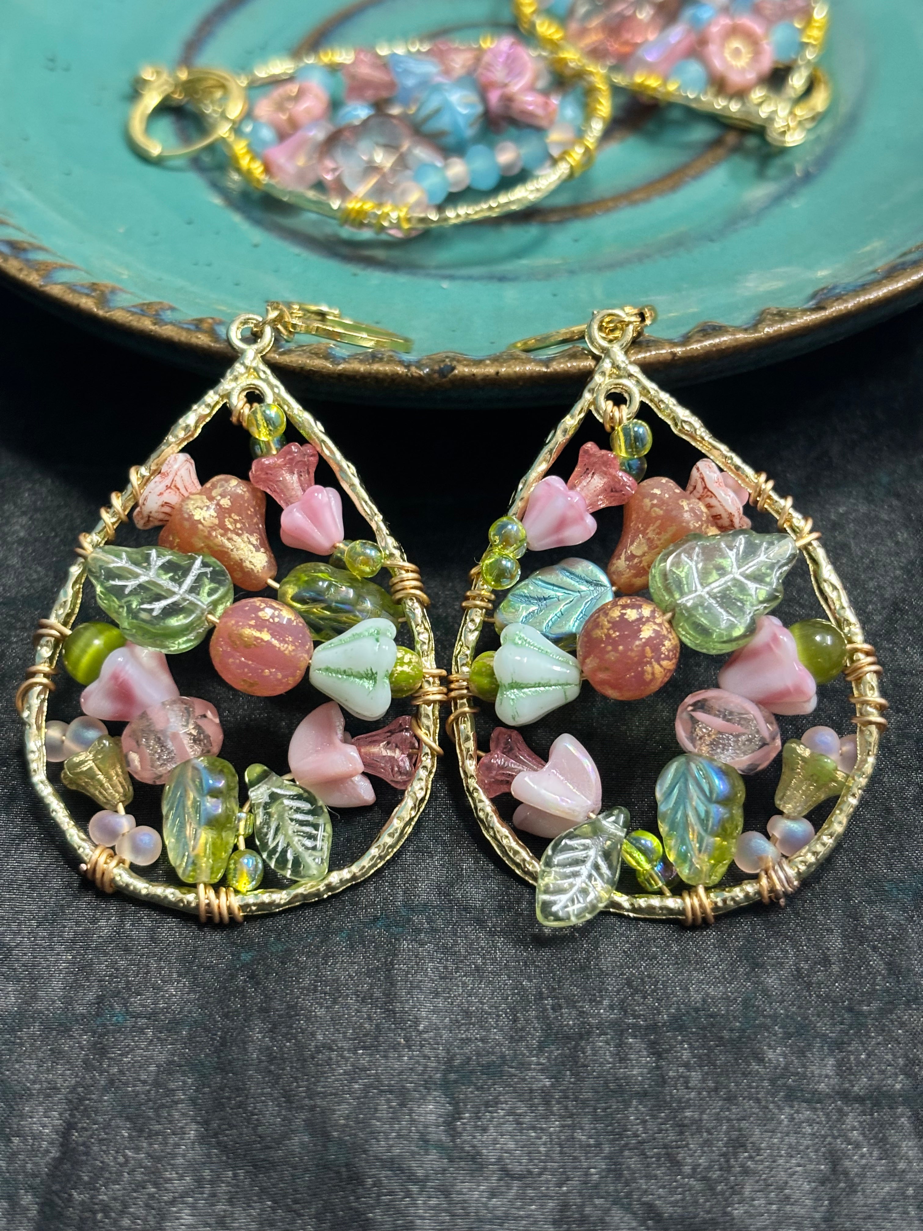 「Dreamcatcher Garden」Floral Dangle Earrings: Handmade Czech Glass Cottagecore Earrings