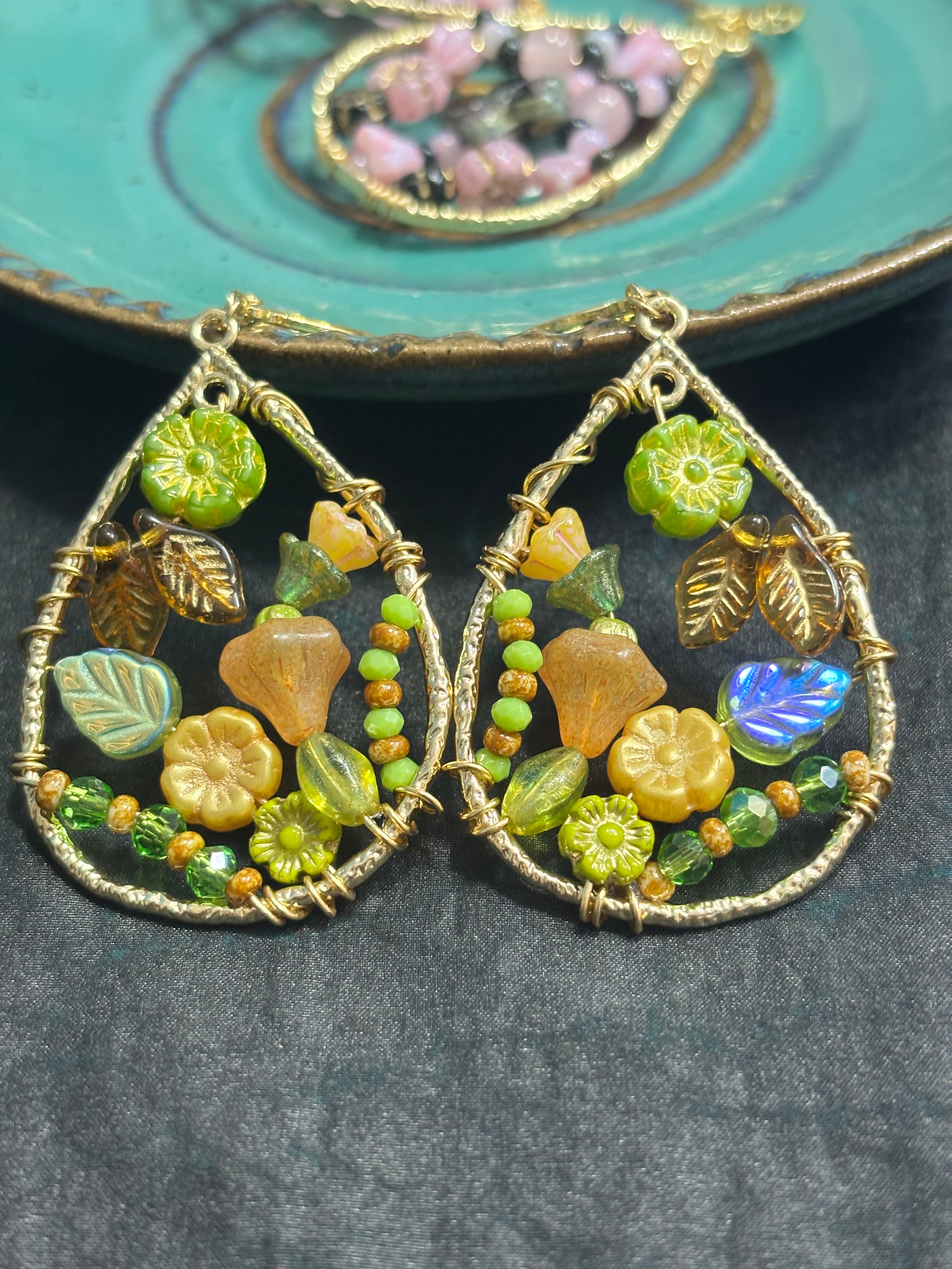 「Dreamcatcher Garden」Floral Dangle Earrings: Handmade Czech Glass Cottagecore Earrings