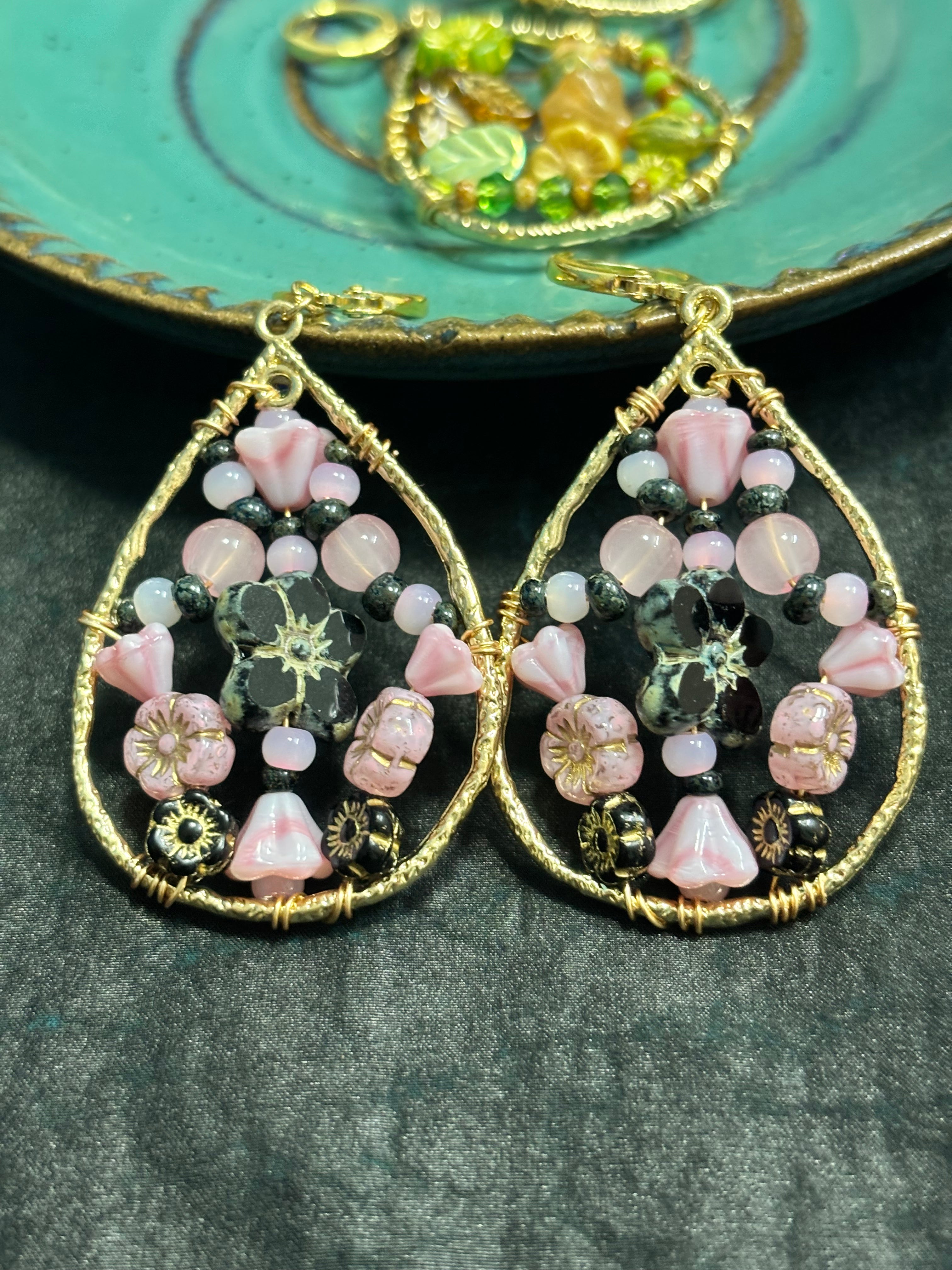 「Dreamcatcher Garden」Floral Dangle Earrings: Handmade Czech Glass Cottagecore Earrings