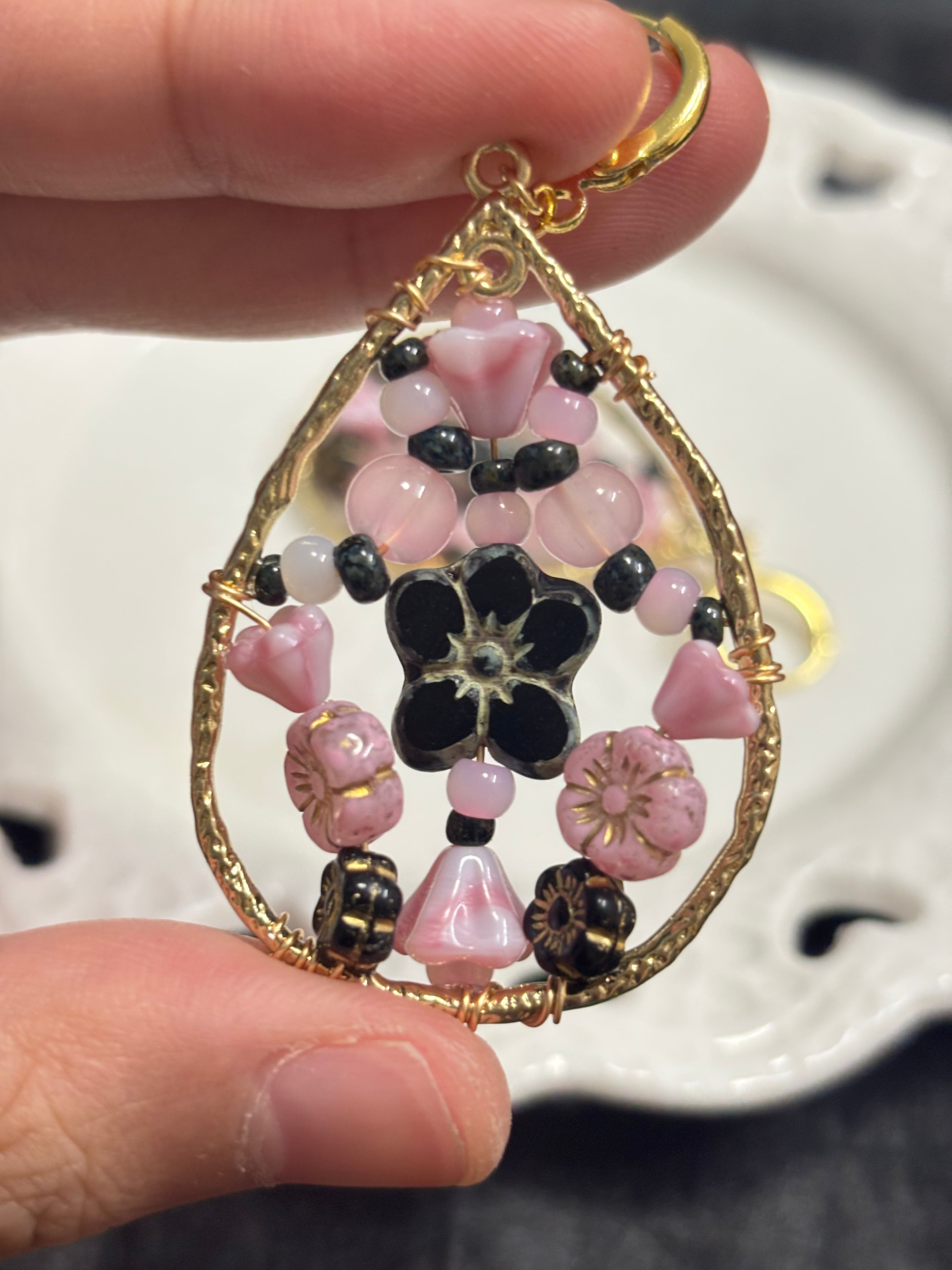 「Dreamcatcher Garden」Floral Dangle Earrings: Handmade Czech Glass Cottagecore Earrings