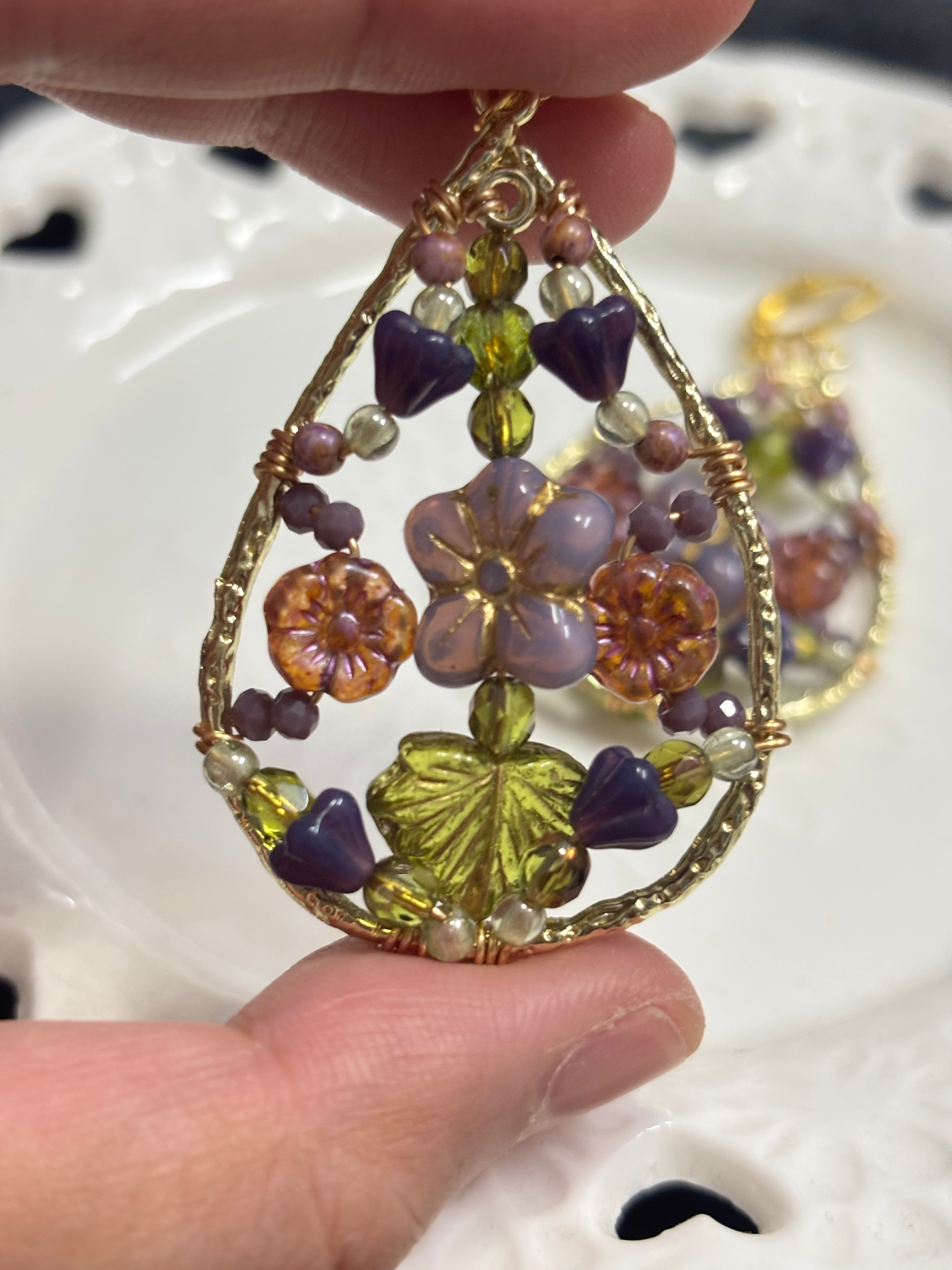 「Dreamcatcher Garden」Floral Dangle Earrings: Handmade Czech Glass Cottagecore Earrings