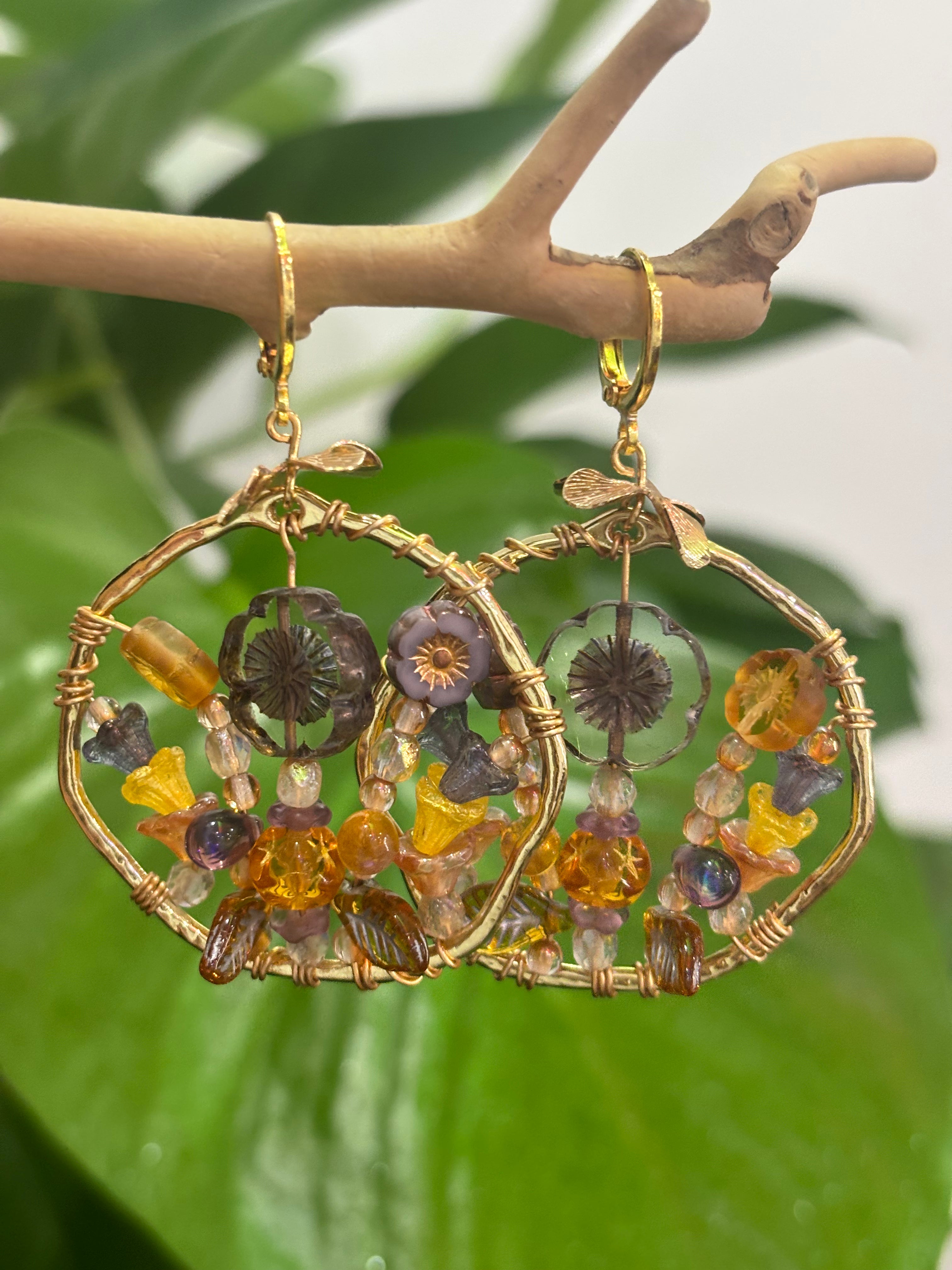 「Dreamcatcher Garden」Floral Dangle Earrings: Handmade Czech Glass Cottagecore Jewelry