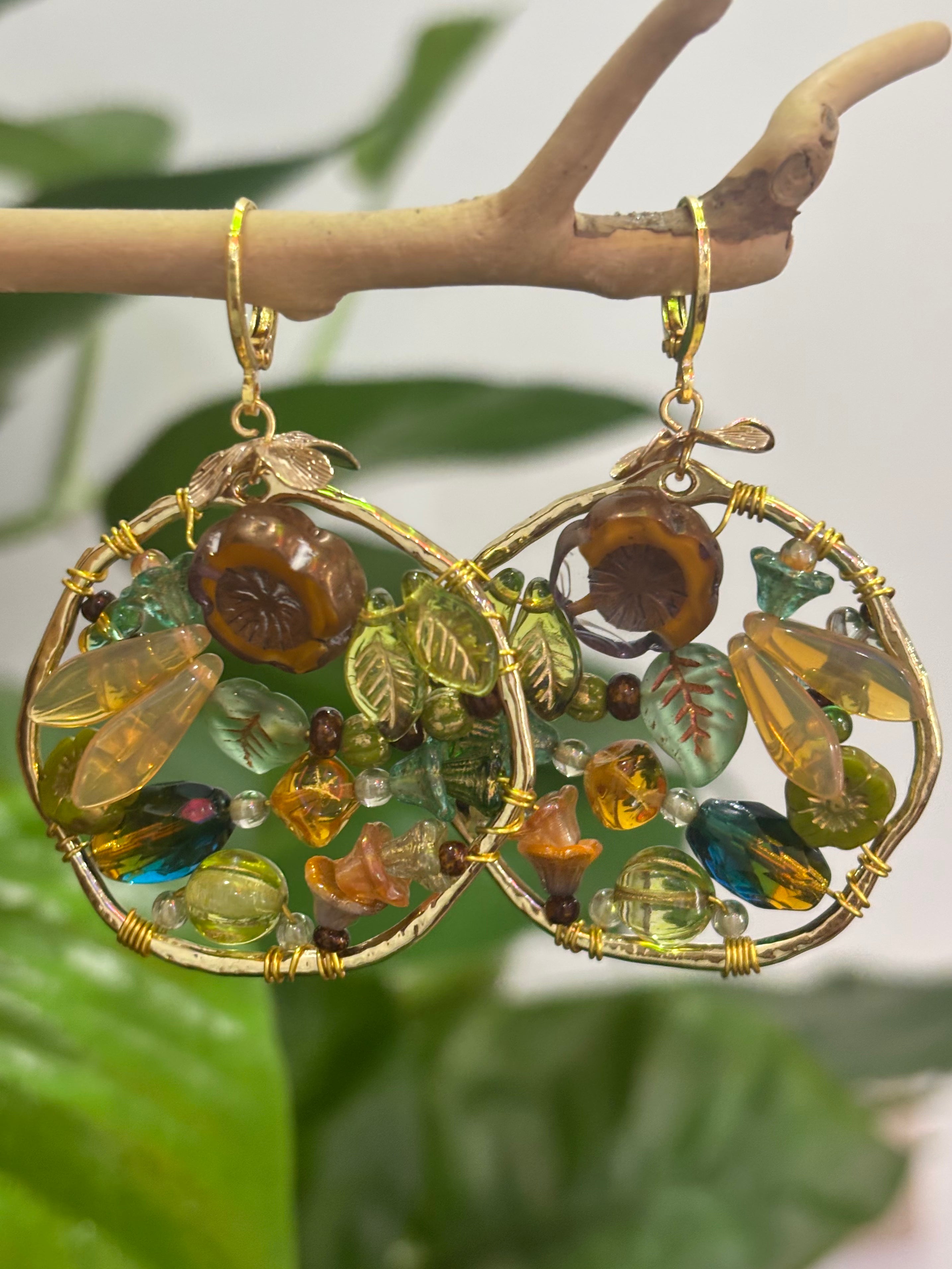 「Dreamcatcher Garden」Floral Dangle Earrings: Handmade Czech Glass Cottagecore Earrings