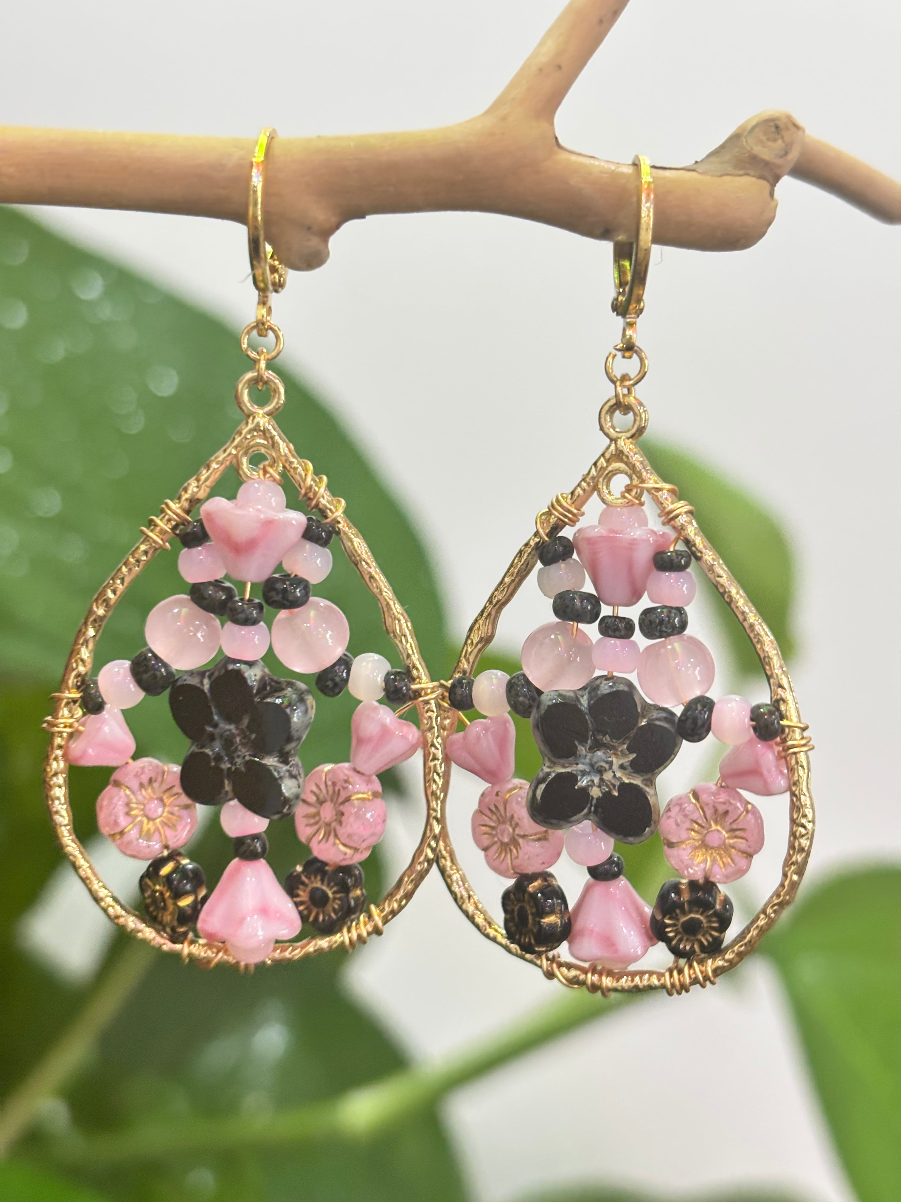 「Dreamcatcher Garden」Floral Dangle Earrings: Handmade Czech Glass Cottagecore Earrings