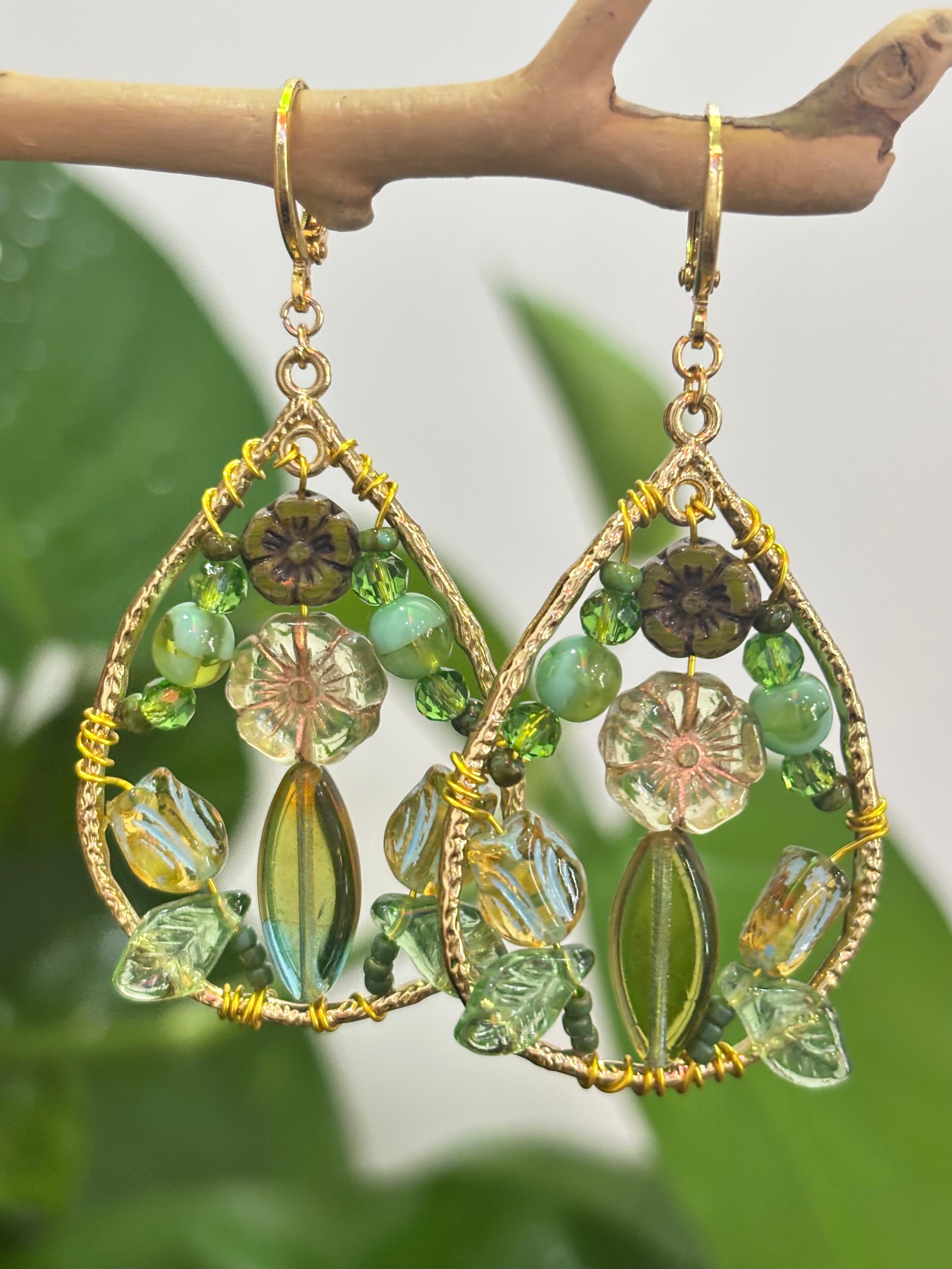 「Dreamcatcher Garden」Floral Dangle Earrings: Handmade Czech Glass Cottagecore Earrings