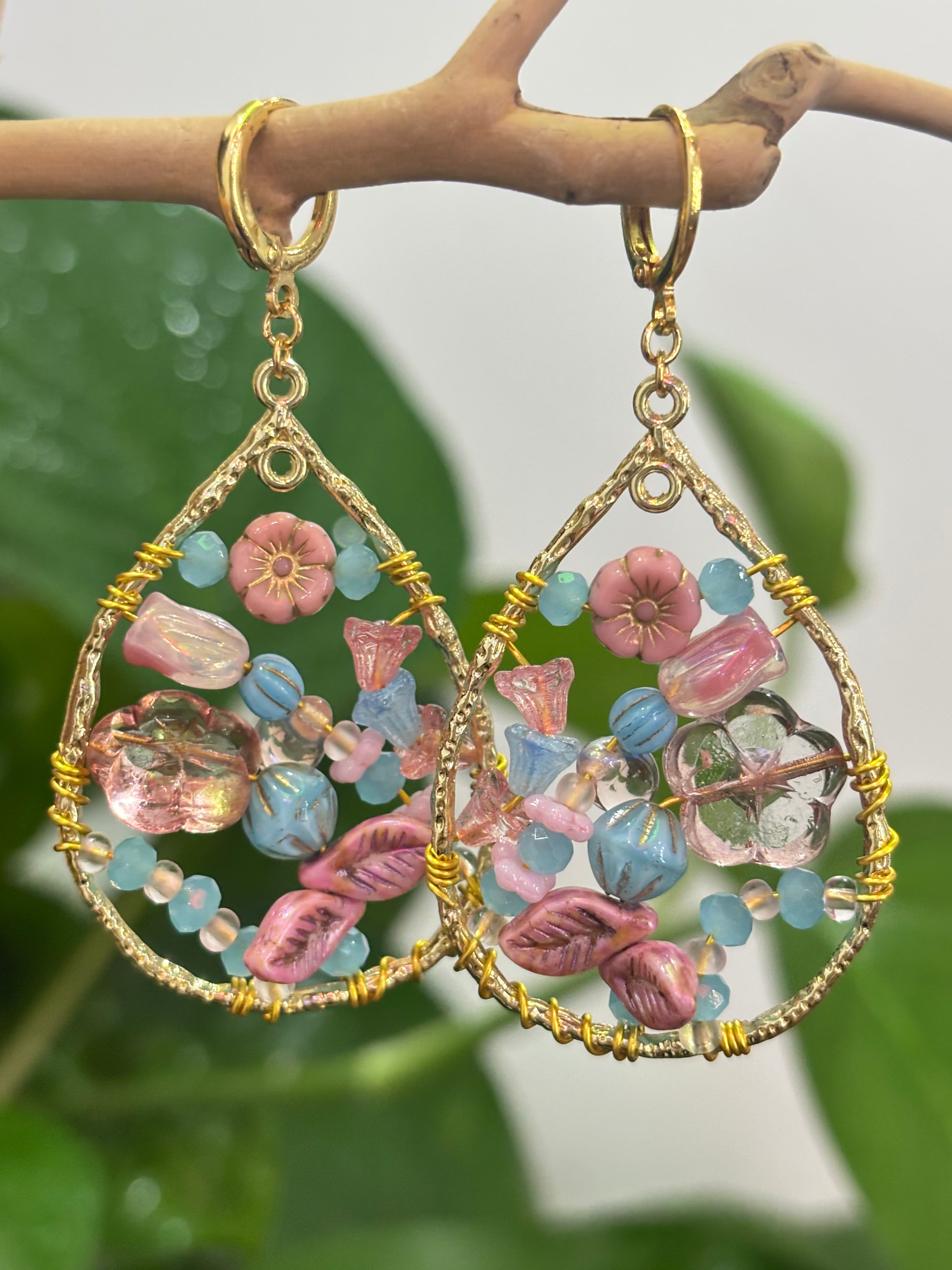 「Dreamcatcher Garden」Floral Dangle Earrings: Handmade Czech Glass Cottagecore Earrings
