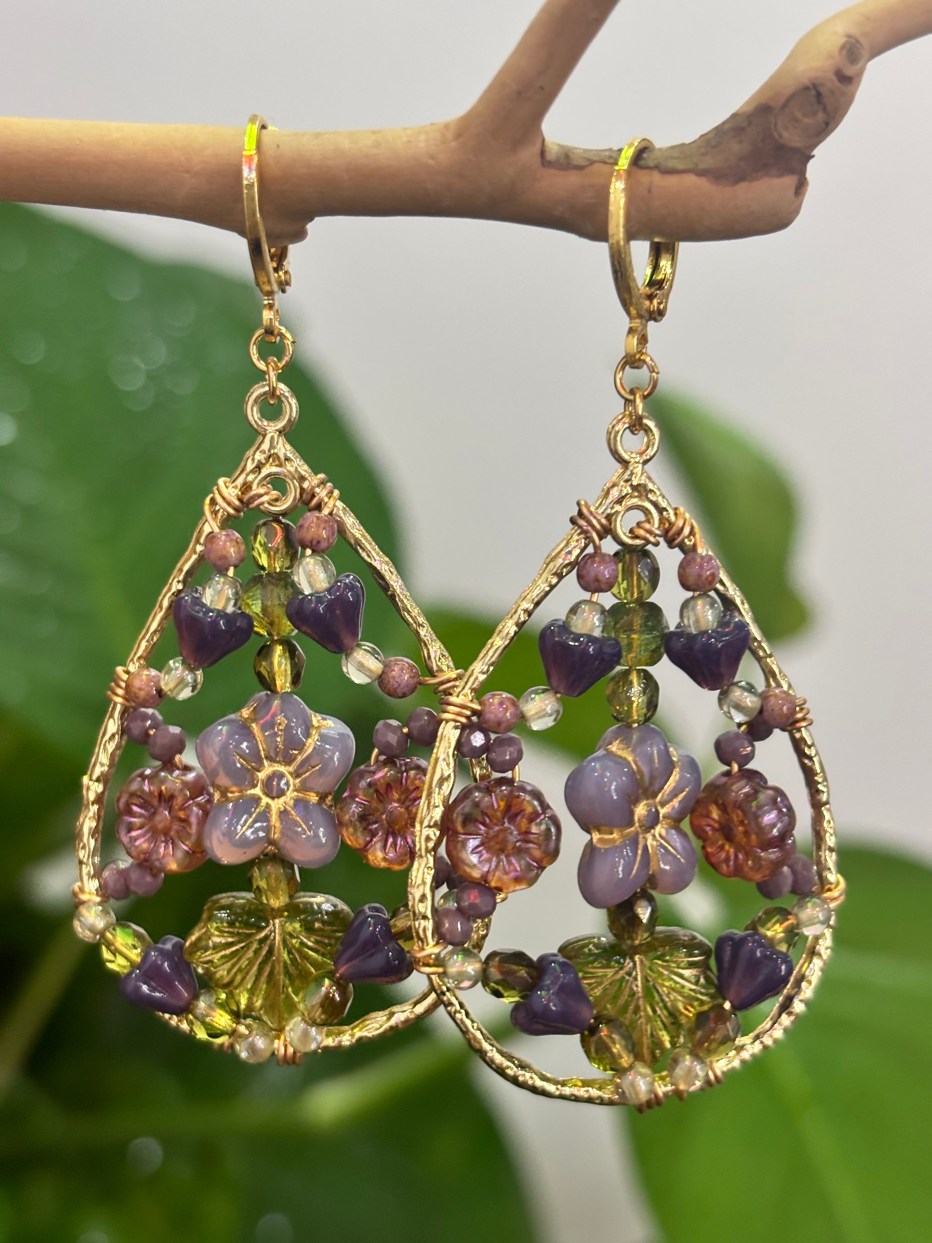 「Dreamcatcher Garden」Floral Dangle Earrings: Handmade Czech Glass Cottagecore Earrings