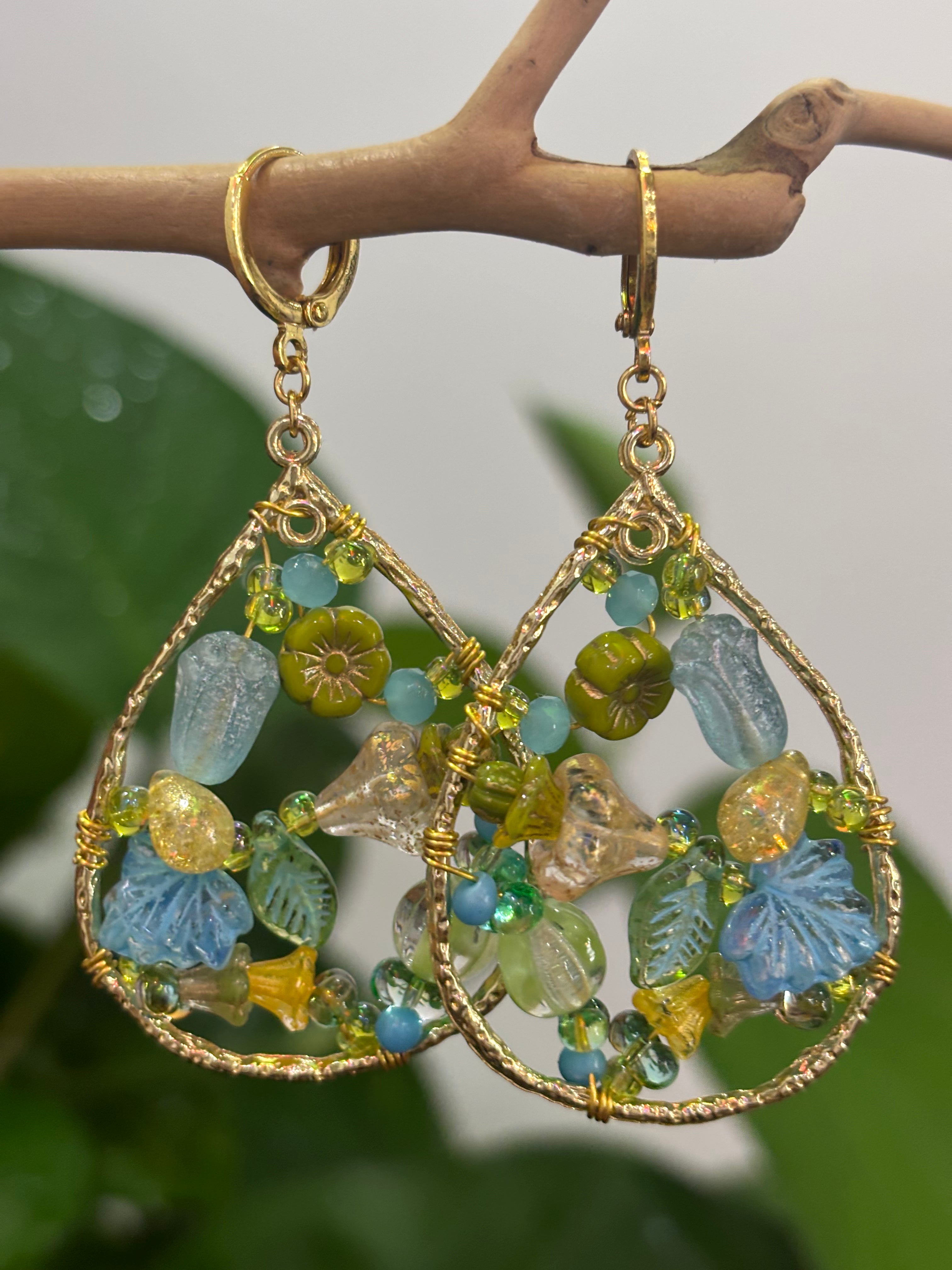 「Dreamcatcher Garden」Floral Dangle Earrings: Handmade Czech Glass Cottagecore Earrings