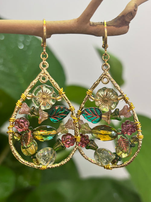 「Dreamcatcher Garden」Floral Dangle Earrings: Handmade Czech Glass Cottagecore Earrings