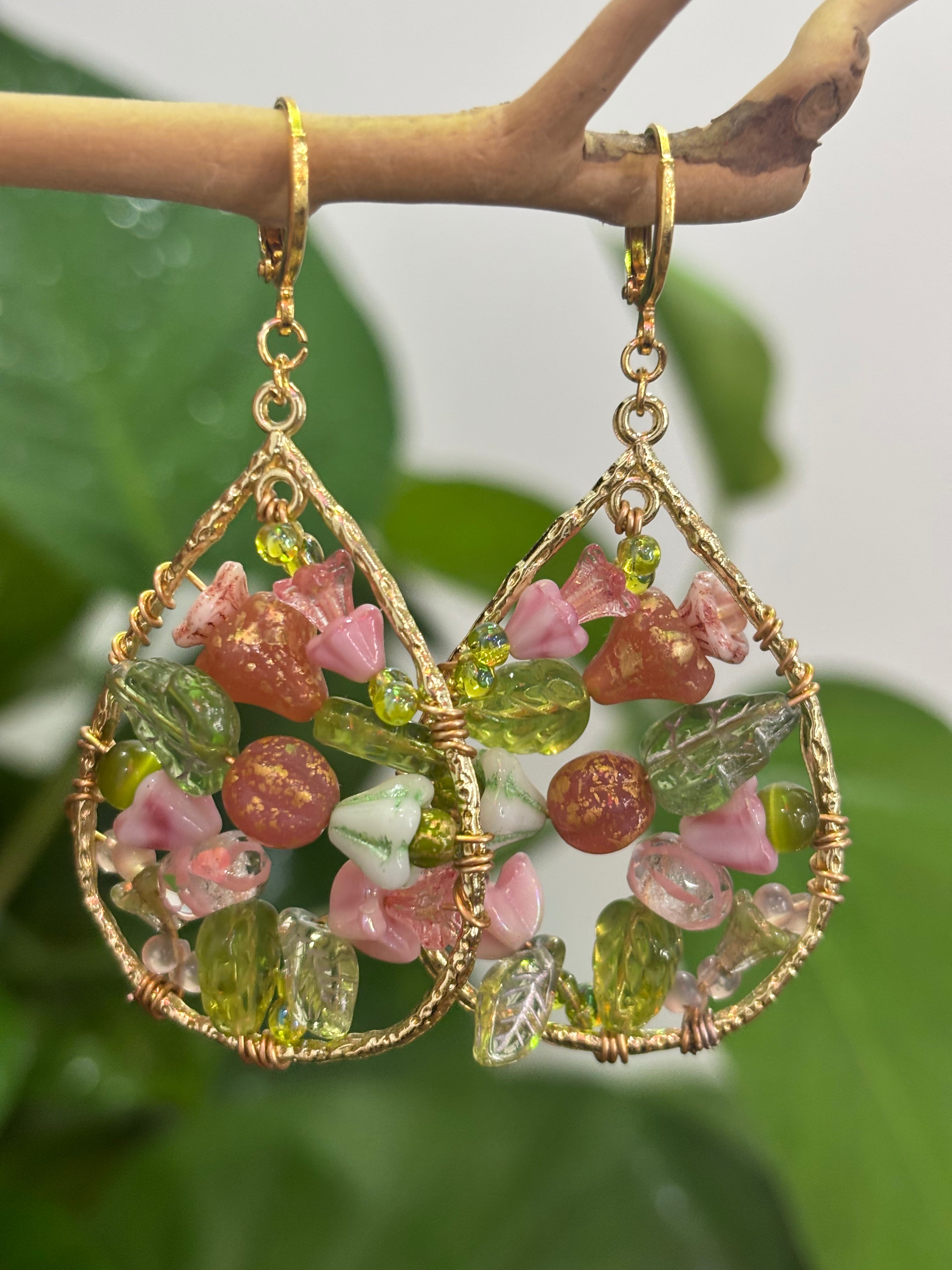 「Dreamcatcher Garden」Floral Dangle Earrings: Handmade Czech Glass Cottagecore Earrings