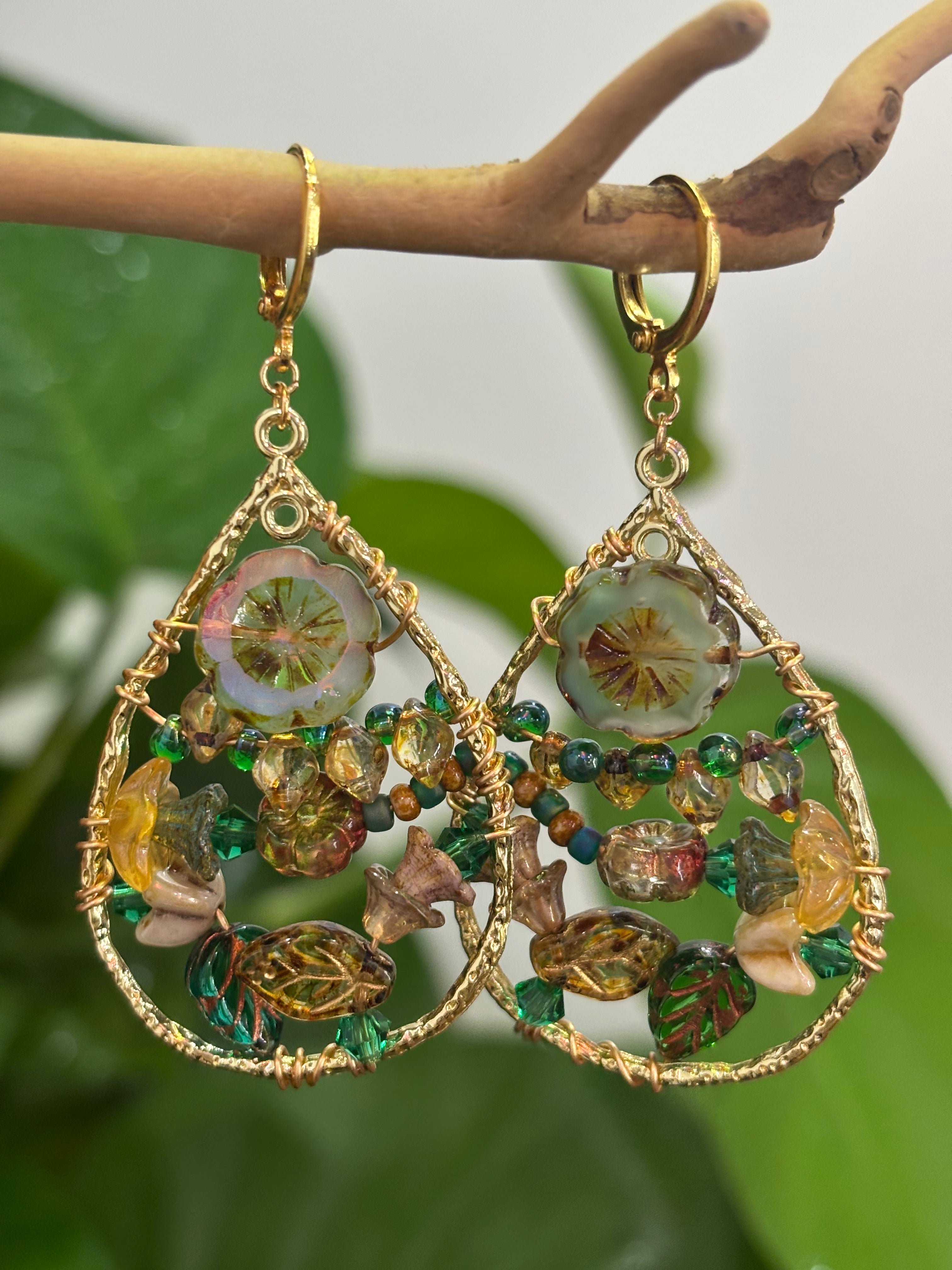 「Dreamcatcher Garden」Floral Dangle Earrings: Handmade Czech Glass Cottagecore Earrings