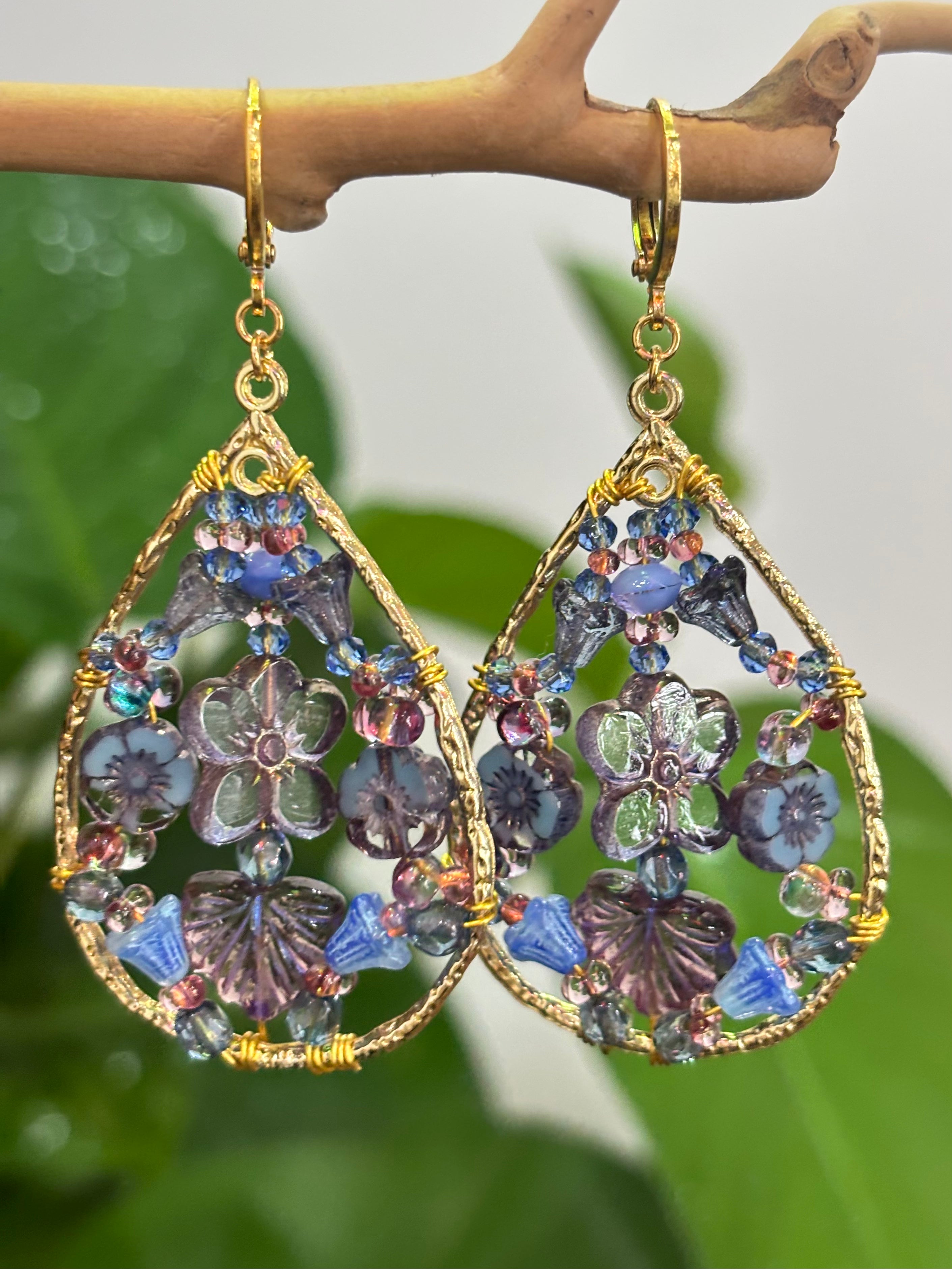 「Dreamcatcher Garden」Floral Dangle Earrings: Handmade Czech Glass Cottagecore Earrings