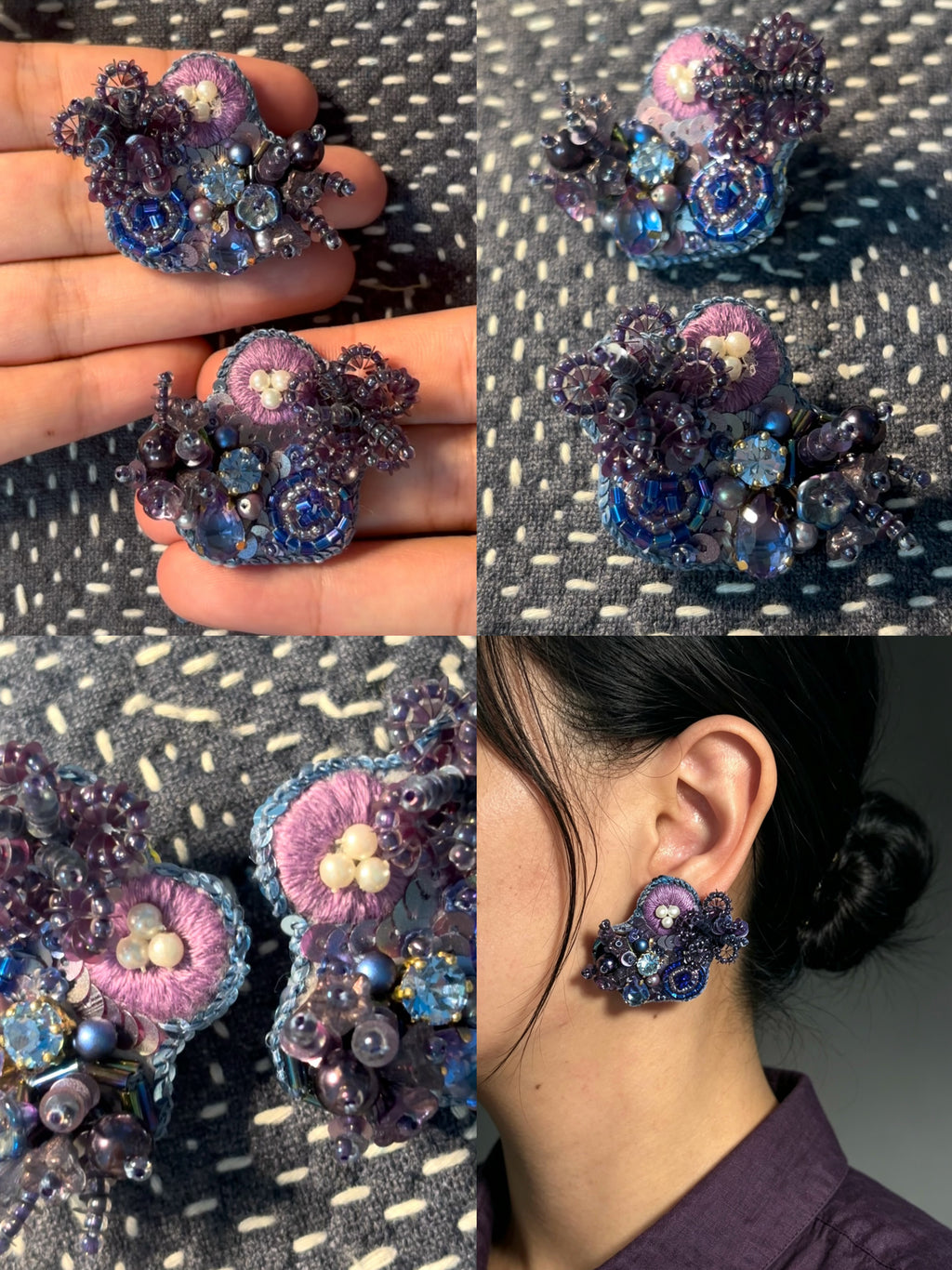 「Corner Flowerbed」Hand Embroidered Flower Earrings: Beaded Floral Stud Earrings