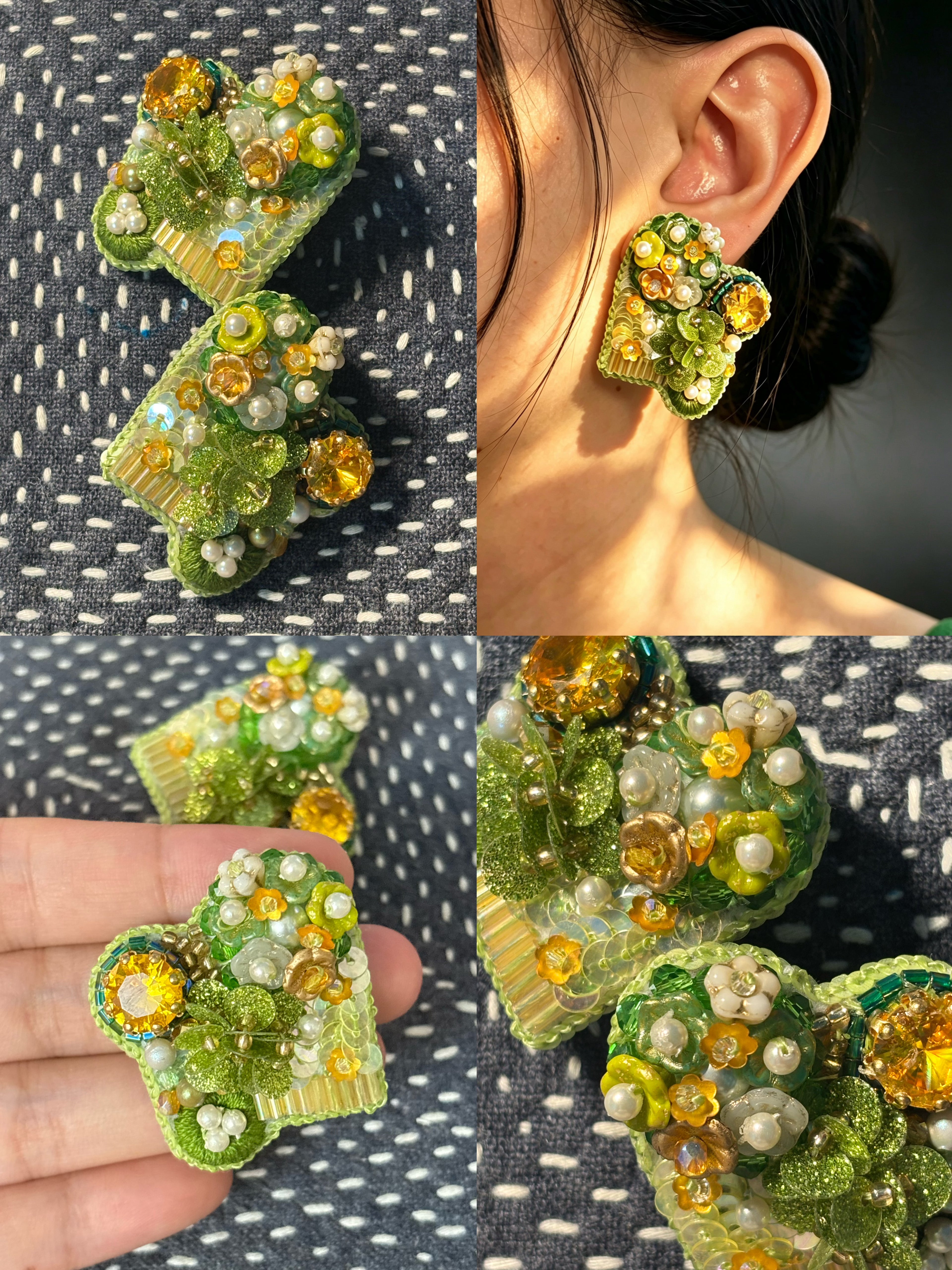 「Corner Flowerbed」Hand Embroidered Flower Earrings: Beaded Floral Stud Earrings