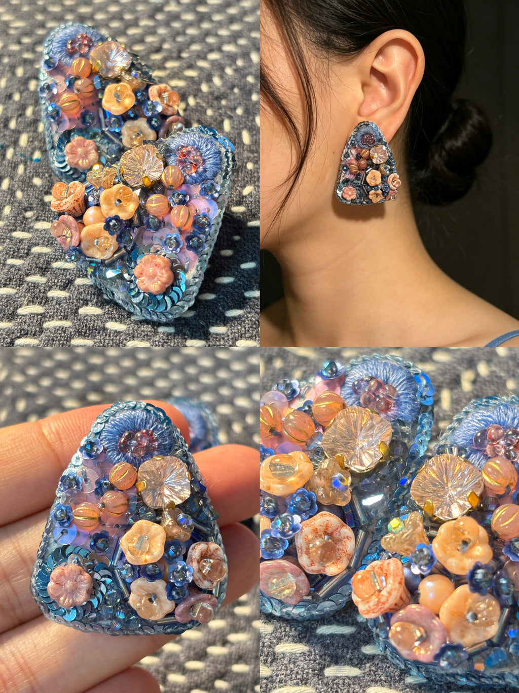 「Corner Flowerbed」Hand Embroidered Flower Earrings: Beaded Floral Stud Earrings