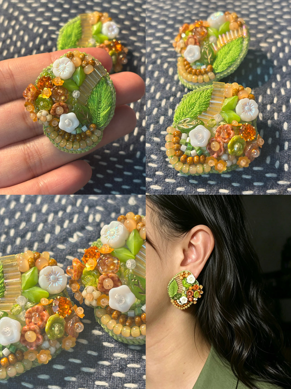 「Corner Flowerbed」Hand Embroidered Flower Earrings: Beaded Floral Stud Earrings