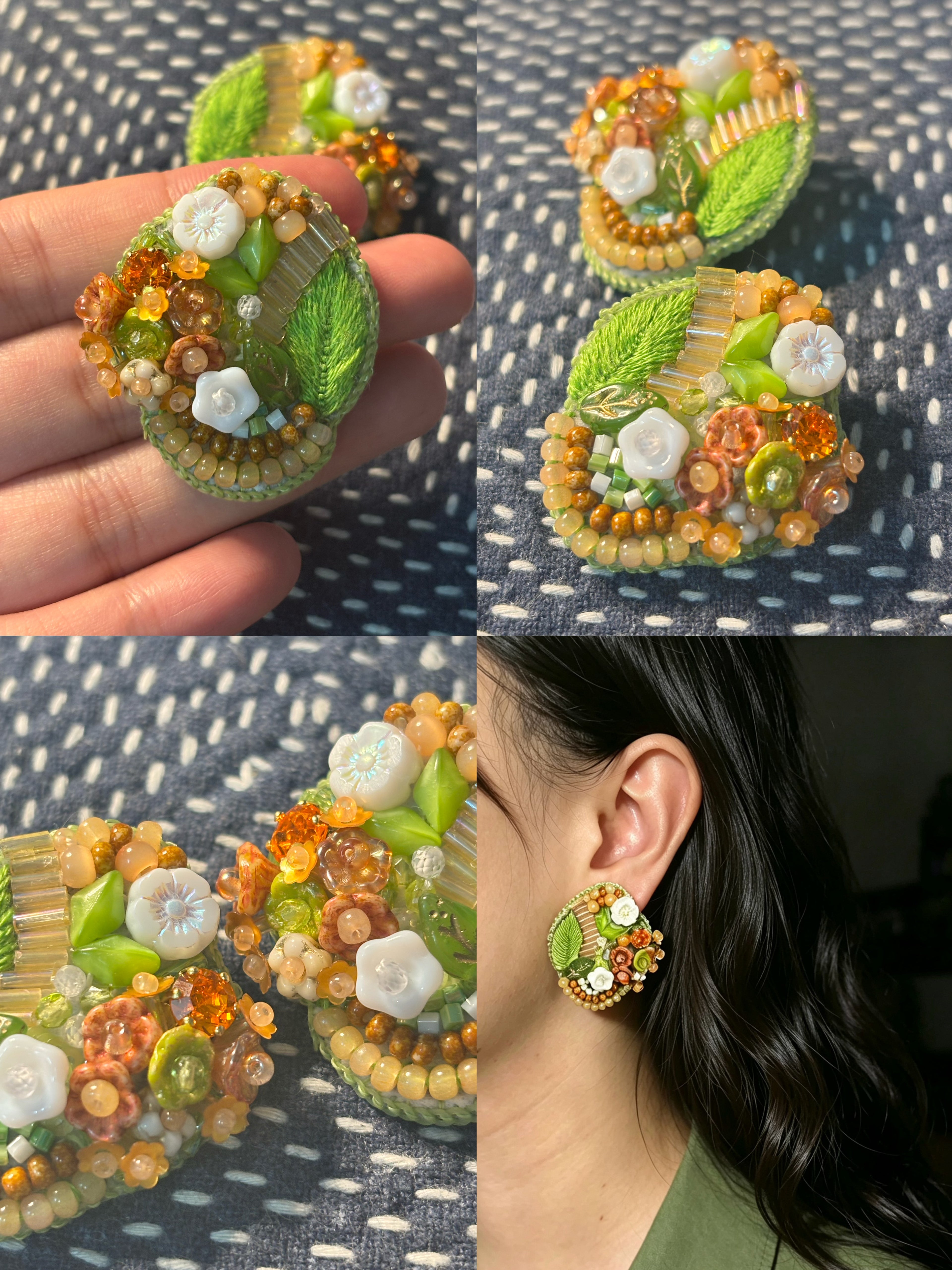 「Corner Flowerbed」Hand Embroidered Flower Earrings: Beaded Floral Stud Earrings