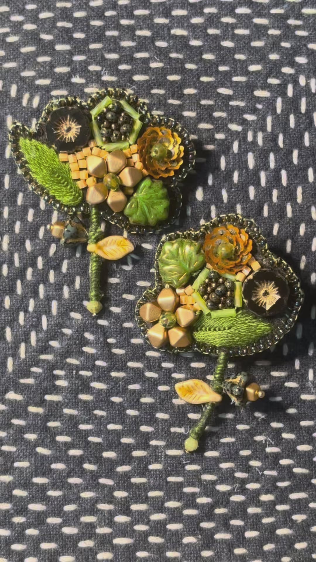 「Floater twig」Hand-Embroidered Flower Earrings: Bead Embroidery Floral Stud Earrings